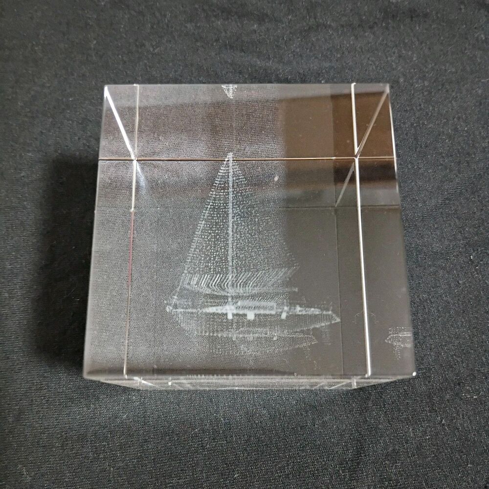Crystal 2.5 Cube Sailboat Laser Etched Paperweight 3D Hologram